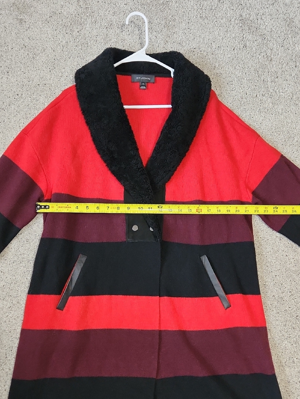 St. John Red/Black Wool Striped Sweater Jacket Fur Collar Size XL - Picture 10 of 13